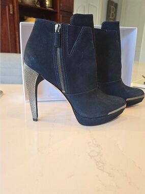 Herve Leger Navy Suede Zip Ankle Booties with Embellished Heel